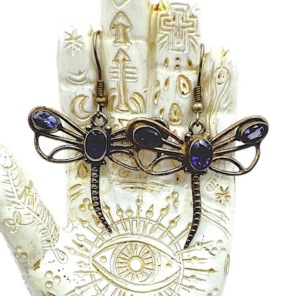 Vintage Dragonfly Earrings Dangle Drop With Amethyst Stones 925 Sterling Silver - Picture 5 of 7